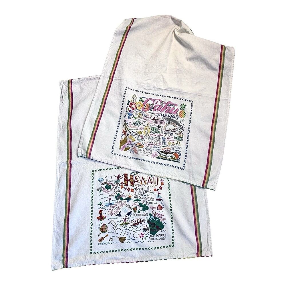 2 Pc Lot Rare CATSTUDIO Hawaii And Oahu Dish Towels 100% Hand Loomed Cotton